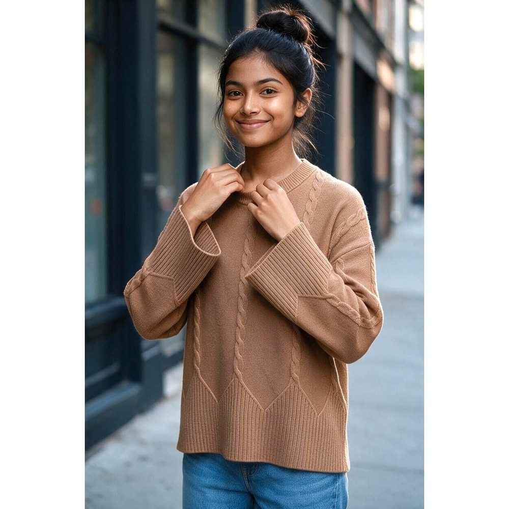 (L-308) Marled Camel Cable Knit Sweater Women's Medium Crew Neck Long Sleeve NWT